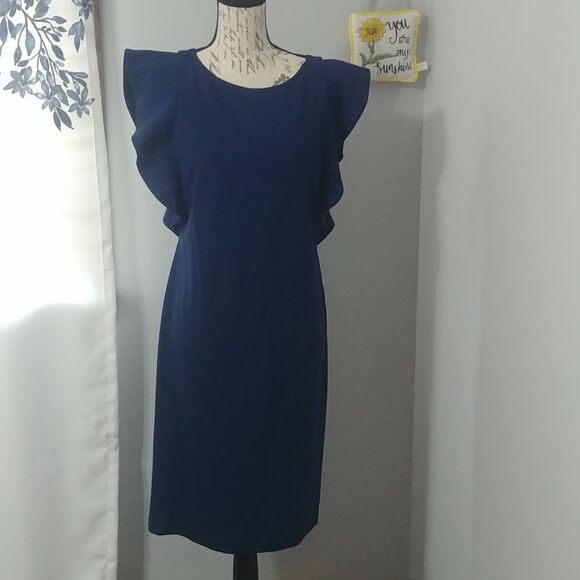 Stunning Navy Blue H by Halston Flutter Sleeve High Neck Dress 12 - Picture 1 of 12